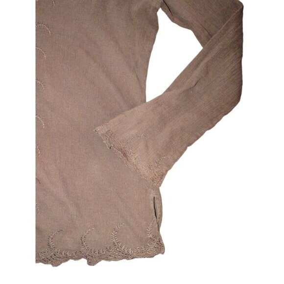 J.Crew Womens Brown Embroidered V Neck Top L Long Sleeve Boho Cottagecore Vibe - Picture 3 of 7